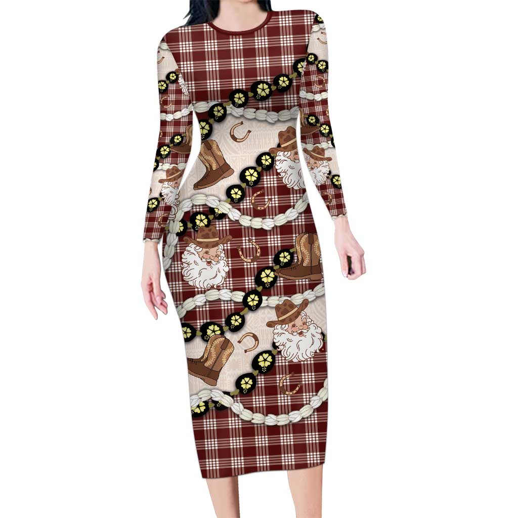 Cowboy Hawaii Mele Kalikimaka Long Sleeve Bodycon Dress Paniolo Kukui Nut Pikake Lei Burgundy Version - Polynesian Pride