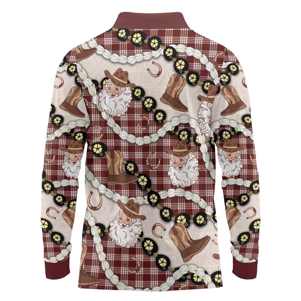 Cowboy Hawaii Mele Kalikimaka Long Sleeve Polo Shirt Paniolo Kukui Nut Pikake Lei Burgundy Version - Polynesian Pride