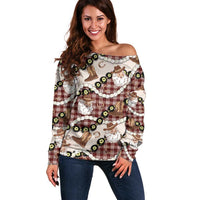 Cowboy Hawaii Mele Kalikimaka Off Shoulder Sweater Paniolo Kukui Nut Pikake Lei Burgundy Version - Polynesian Pride