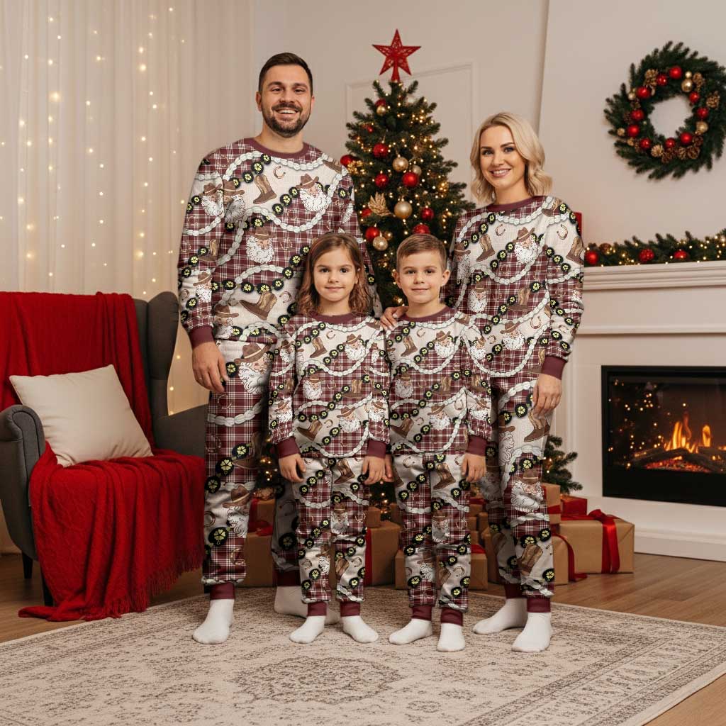Cowboy Hawaii Mele Kalikimaka Christmas Pajama Set Paniolo Kukui Nut Pikake Lei Burgundy Version - Polynesian Pride