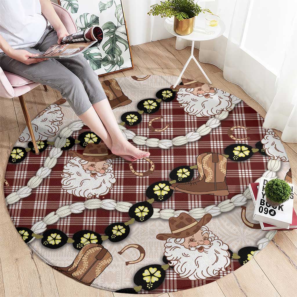 Cowboy Hawaii Mele Kalikimaka Round Carpet Paniolo Kukui Nut Pikake Lei Burgundy Version - Polynesian Pride