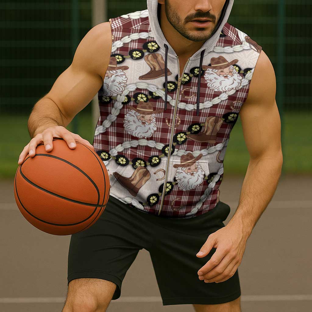 Cowboy Hawaii Mele Kalikimaka Sleeveless Zip Hoodie Paniolo Kukui Nut Pikake Lei Burgundy Version - Polynesian Pride