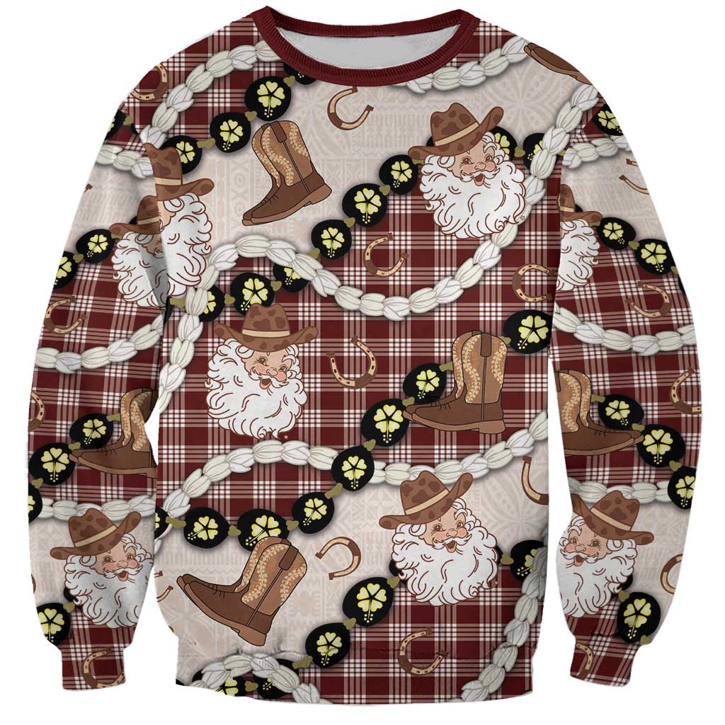 Cowboy Hawaii Mele Kalikimaka Sweatshirt Paniolo Kukui Nut Pikake Lei Burgundy Version - Polynesian Pride