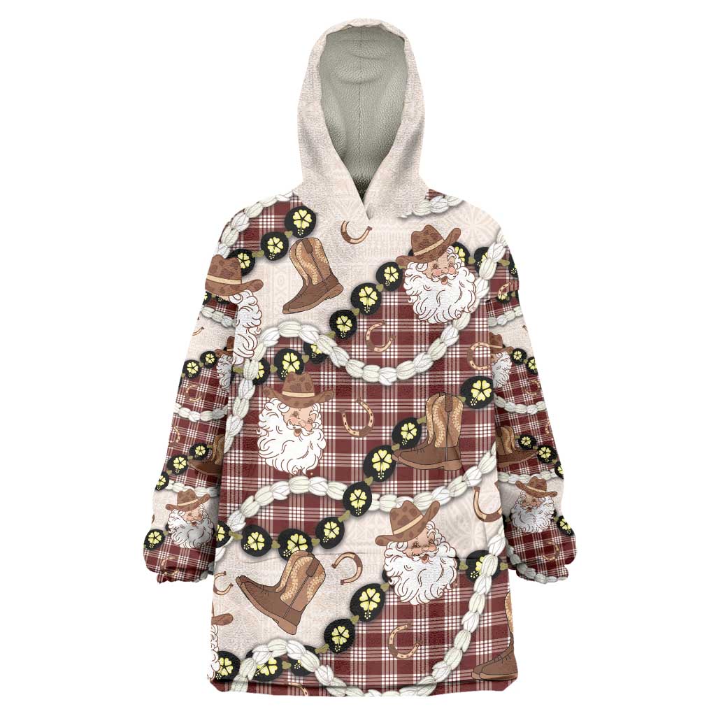 Cowboy Hawaii Mele Kalikimaka Wearable Blanket Hoodie Paniolo Kukui Nut Pikake Lei Burgundy Version - Polynesian Pride