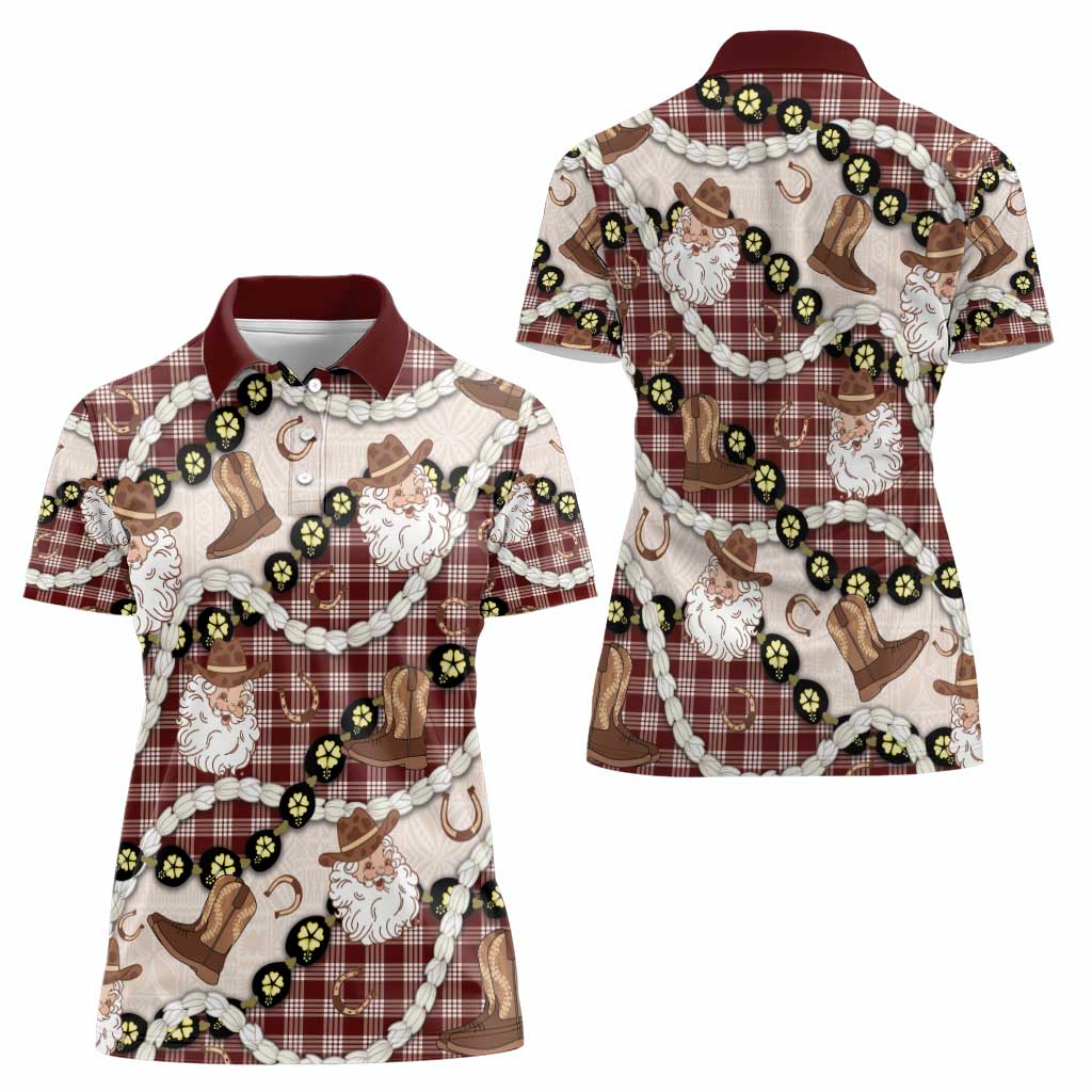 Cowboy Hawaii Mele Kalikimaka Women Polo Shirt Paniolo Kukui Nut Pikake Lei Burgundy Version - Polynesian Pride