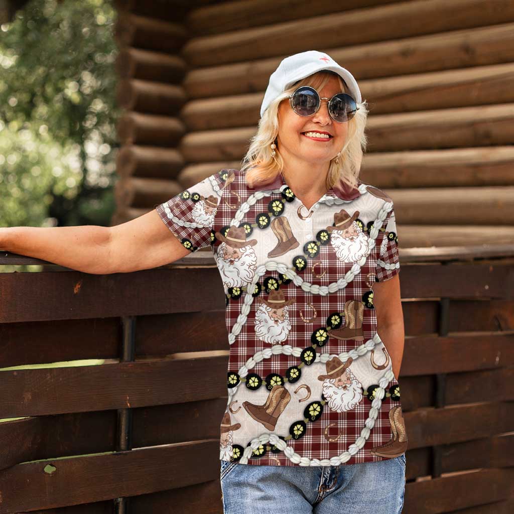 Cowboy Hawaii Mele Kalikimaka Women Polo Shirt Paniolo Kukui Nut Pikake Lei Burgundy Version - Polynesian Pride