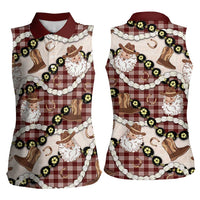 Cowboy Hawaii Mele Kalikimaka Women Sleeveless Polo Shirt Paniolo Kukui Nut Pikake Lei Burgundy Version - Polynesian Pride