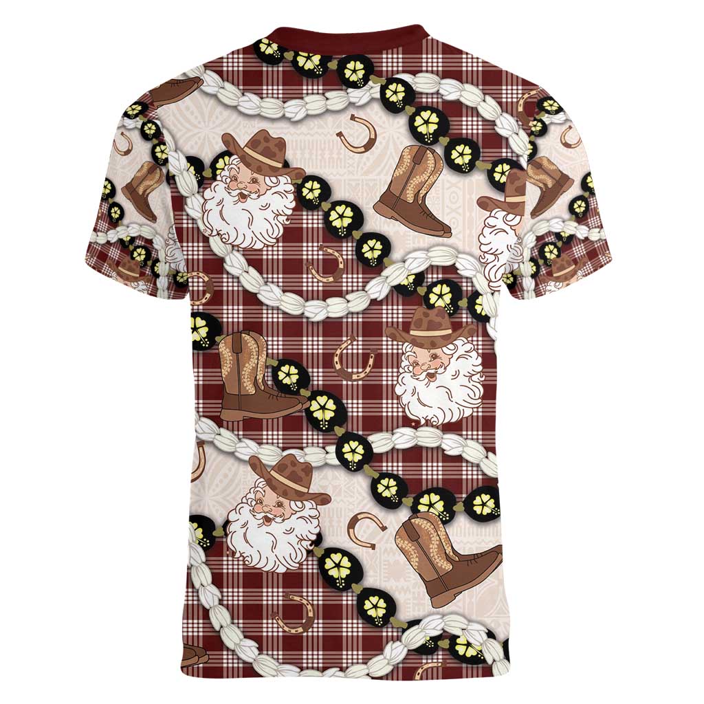 Cowboy Hawaii Mele Kalikimaka Women V-Neck T-Shirt Paniolo Kukui Nut Pikake Lei Burgundy Version - Polynesian Pride