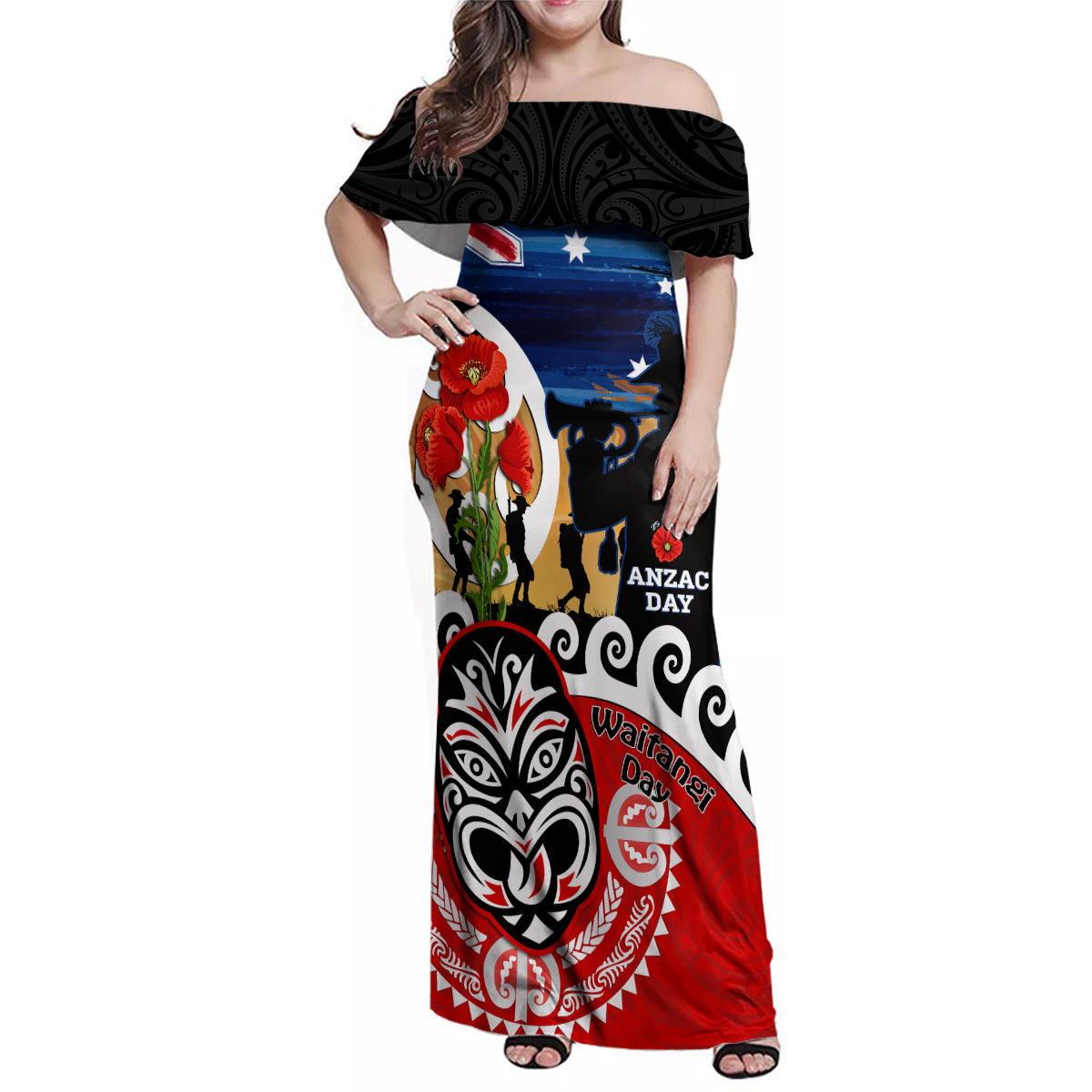 New Zealand Waitangi And ANZAC Day Family Matching Off Shoulder Maxi Dress and Hawaiian Shirt Aotearoa Maori Tiki With Last Post LT14 Mom's Dress Black - Polynesian Pride
