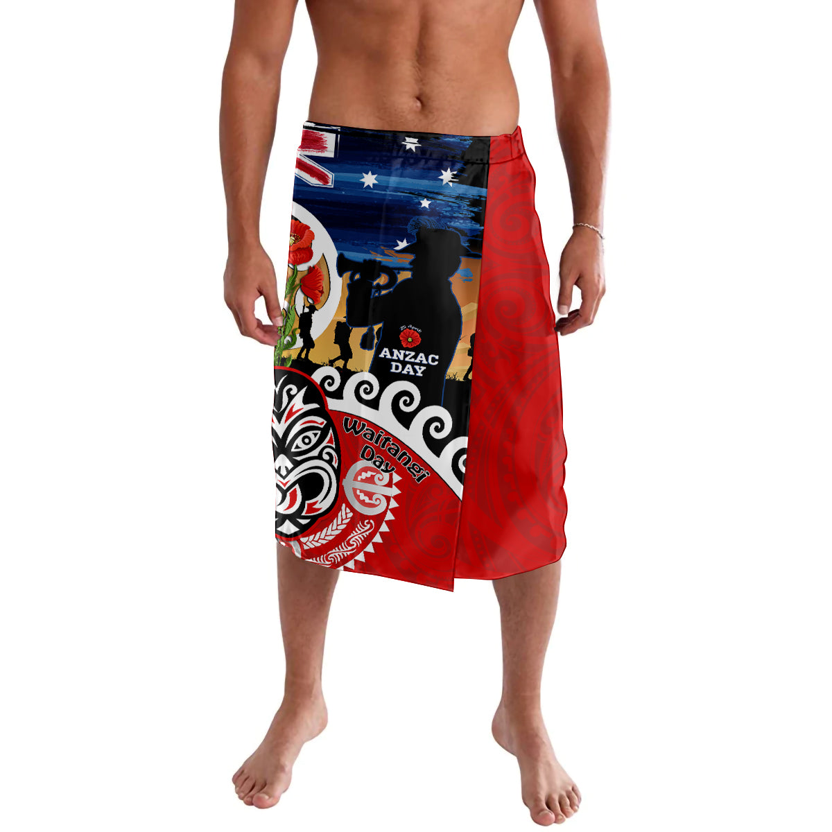 New Zealand Waitangi And ANZAC Day Lavalava Aotearoa Maori Tiki With Last Post LT14 Black - Polynesian Pride