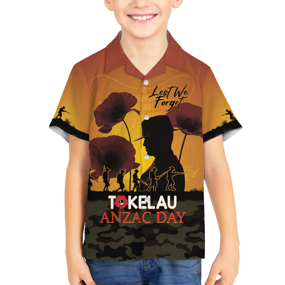 Tokelau ANZAC Day Family Matching Summer Maxi Dress and Hawaiian Shirt Camouflage With Poppies Lest We Forget LT14 Son's Shirt Yellow - Polynesian Pride