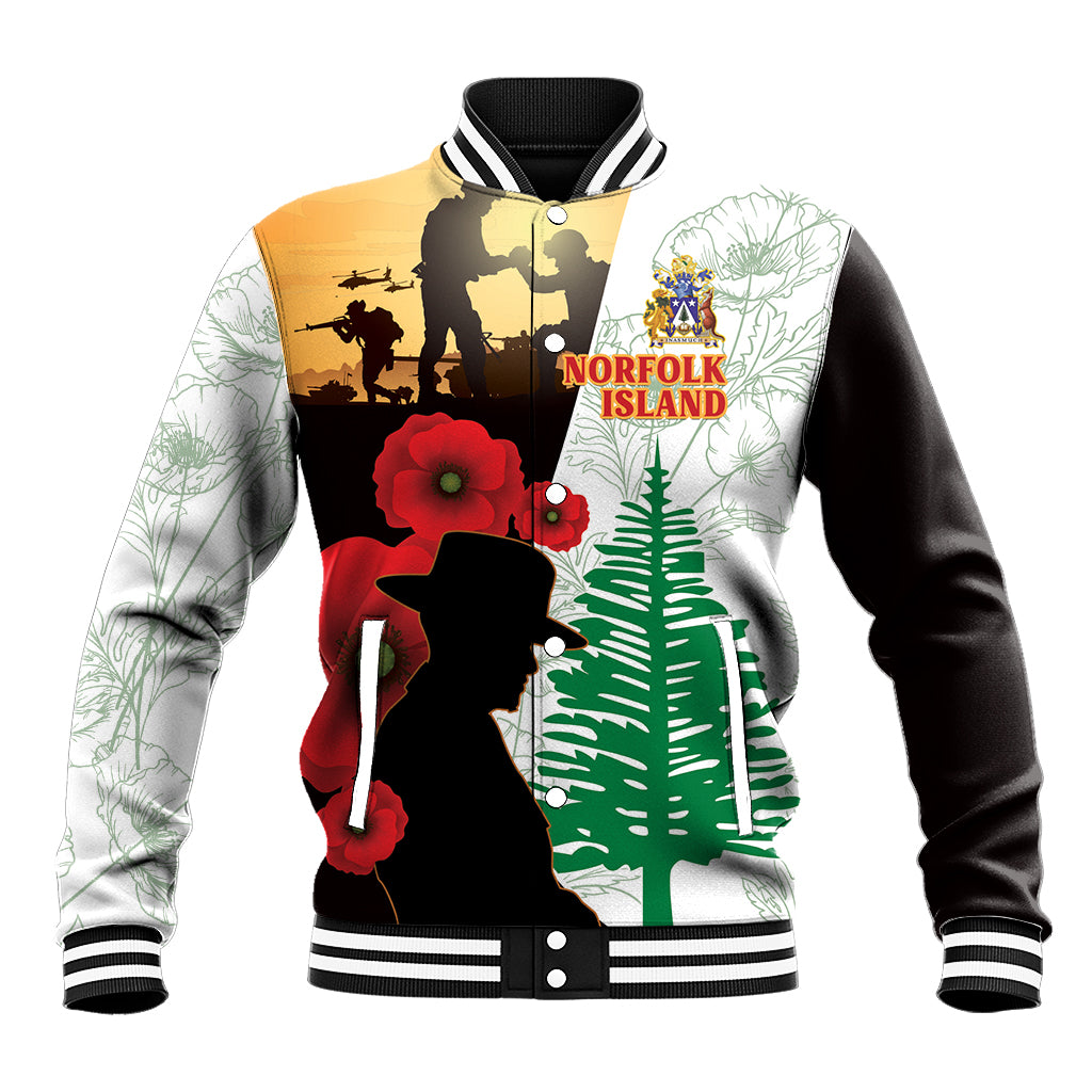 Norfolk Island ANZAC Day Baseball Jacket Pine Tree With Poppies Lest We Forget LT14 Unisex White - Polynesian Pride