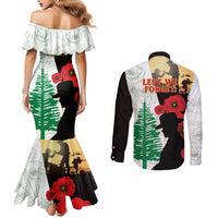 Norfolk Island ANZAC Day Couples Matching Mermaid Dress and Long Sleeve Button Shirt Pine Tree With Poppies Lest We Forget LT14 - Polynesian Pride