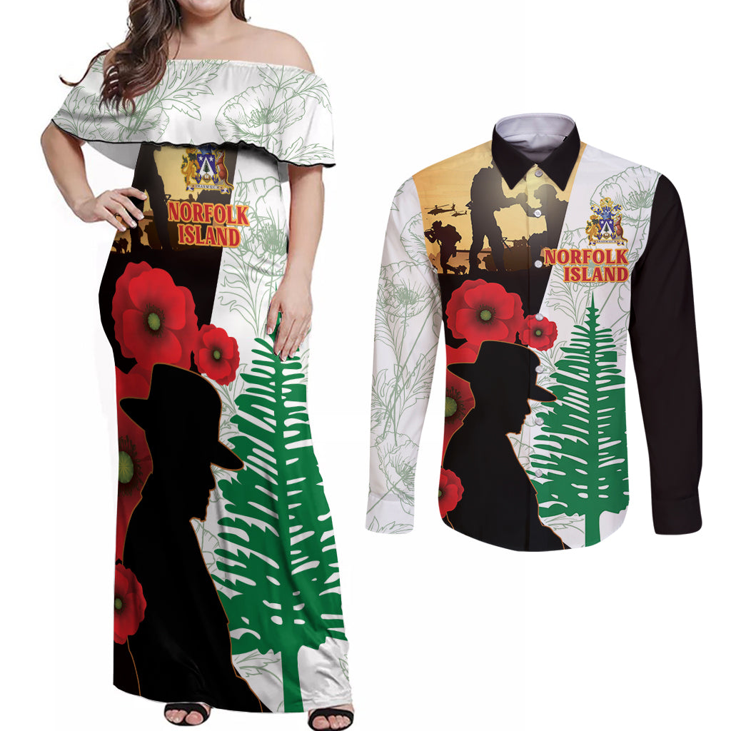 Norfolk Island ANZAC Day Couples Matching Off Shoulder Maxi Dress and Long Sleeve Button Shirt Pine Tree With Poppies Lest We Forget LT14 White - Polynesian Pride