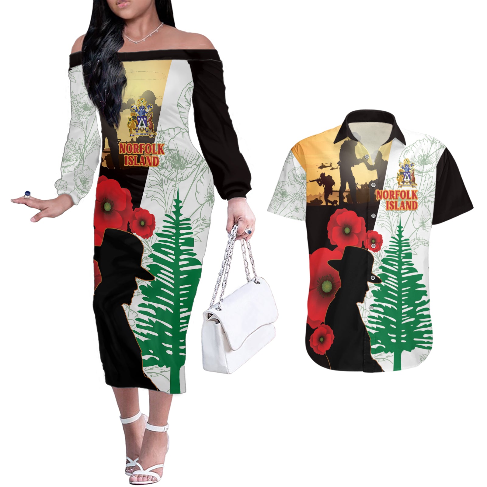 Norfolk Island ANZAC Day Couples Matching Off The Shoulder Long Sleeve Dress and Hawaiian Shirt Pine Tree With Poppies Lest We Forget LT14 White - Polynesian Pride