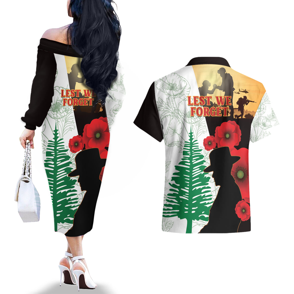 Norfolk Island ANZAC Day Couples Matching Off The Shoulder Long Sleeve Dress and Hawaiian Shirt Pine Tree With Poppies Lest We Forget LT14 - Polynesian Pride