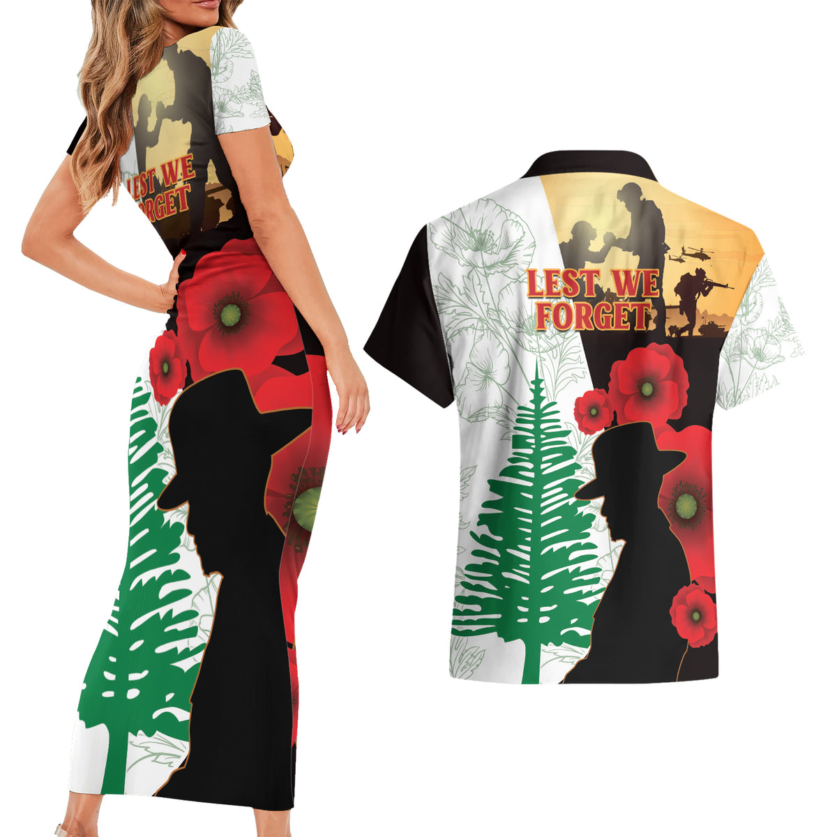 Norfolk Island ANZAC Day Couples Matching Short Sleeve Bodycon Dress and Hawaiian Shirt Pine Tree With Poppies Lest We Forget LT14 - Polynesian Pride