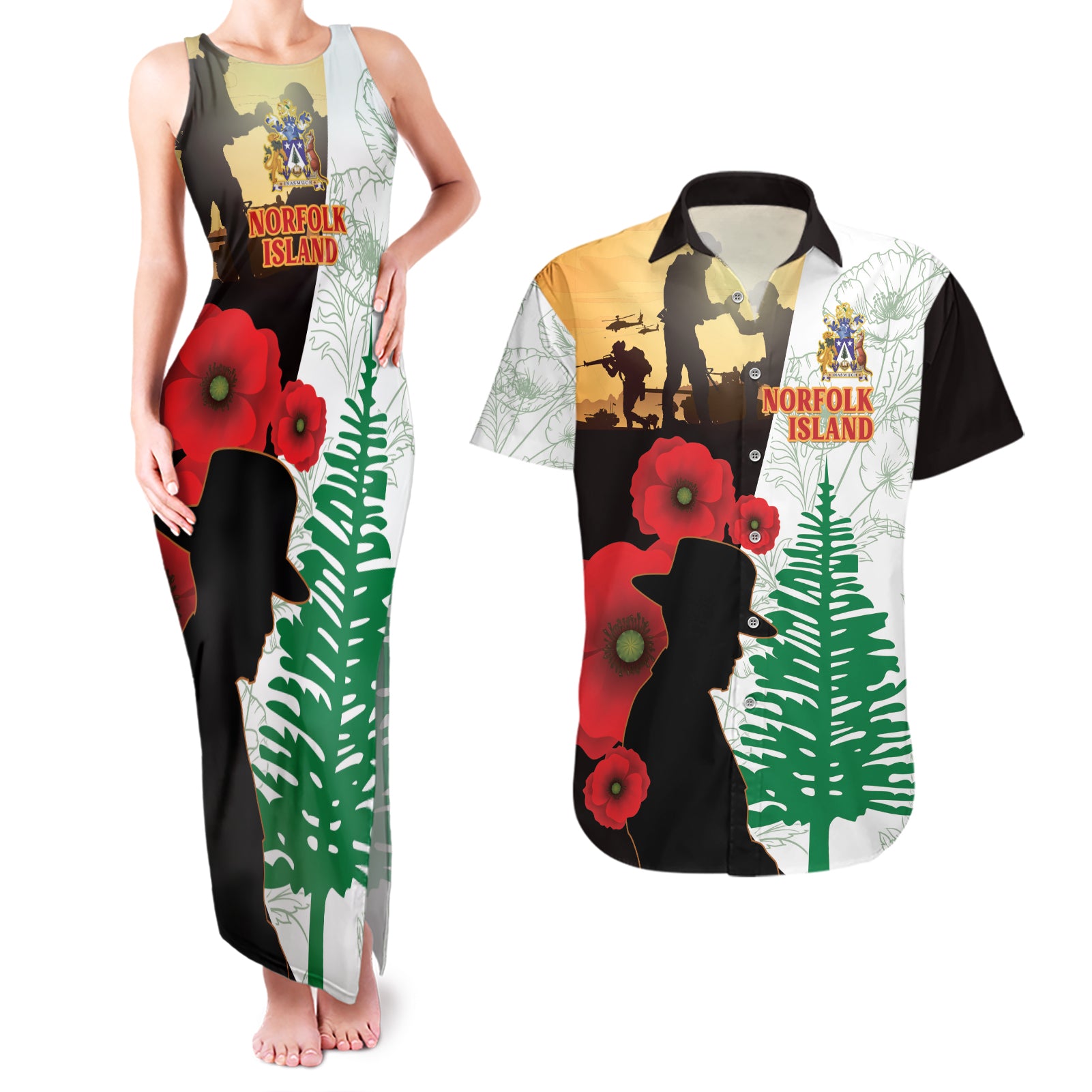 Norfolk Island ANZAC Day Couples Matching Tank Maxi Dress and Hawaiian Shirt Pine Tree With Poppies Lest We Forget LT14 White - Polynesian Pride