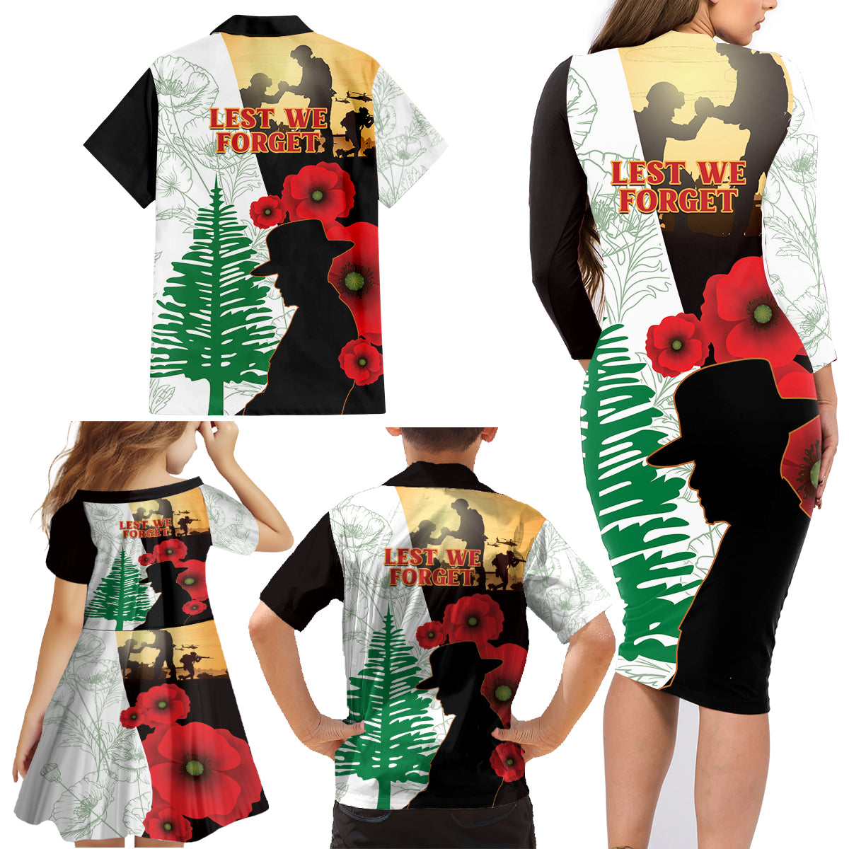 Norfolk Island ANZAC Day Family Matching Long Sleeve Bodycon Dress and Hawaiian Shirt Pine Tree With Poppies Lest We Forget LT14 - Polynesian Pride