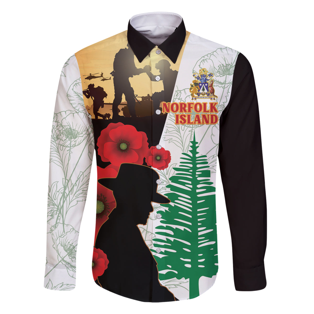 Norfolk Island ANZAC Day Family Matching Summer Maxi Dress and Hawaiian Shirt Pine Tree With Poppies Lest We Forget LT14 Dad's Shirt - Long Sleeve White - Polynesian Pride