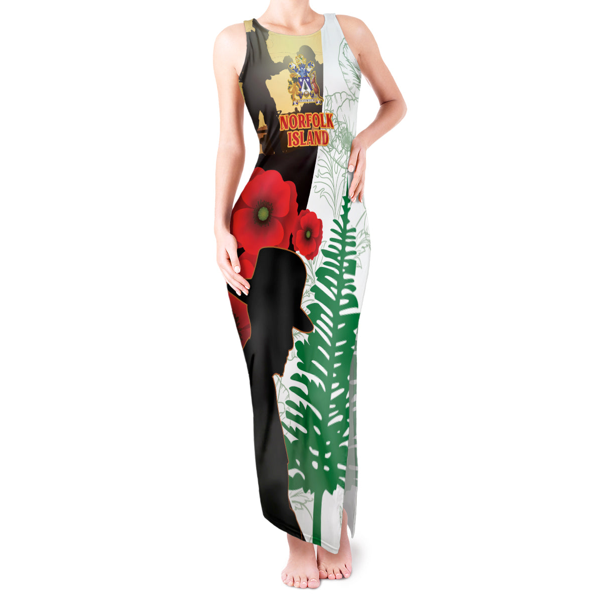 Norfolk Island ANZAC Day Tank Maxi Dress Pine Tree With Poppies Lest We Forget LT14 Women White - Polynesian Pride