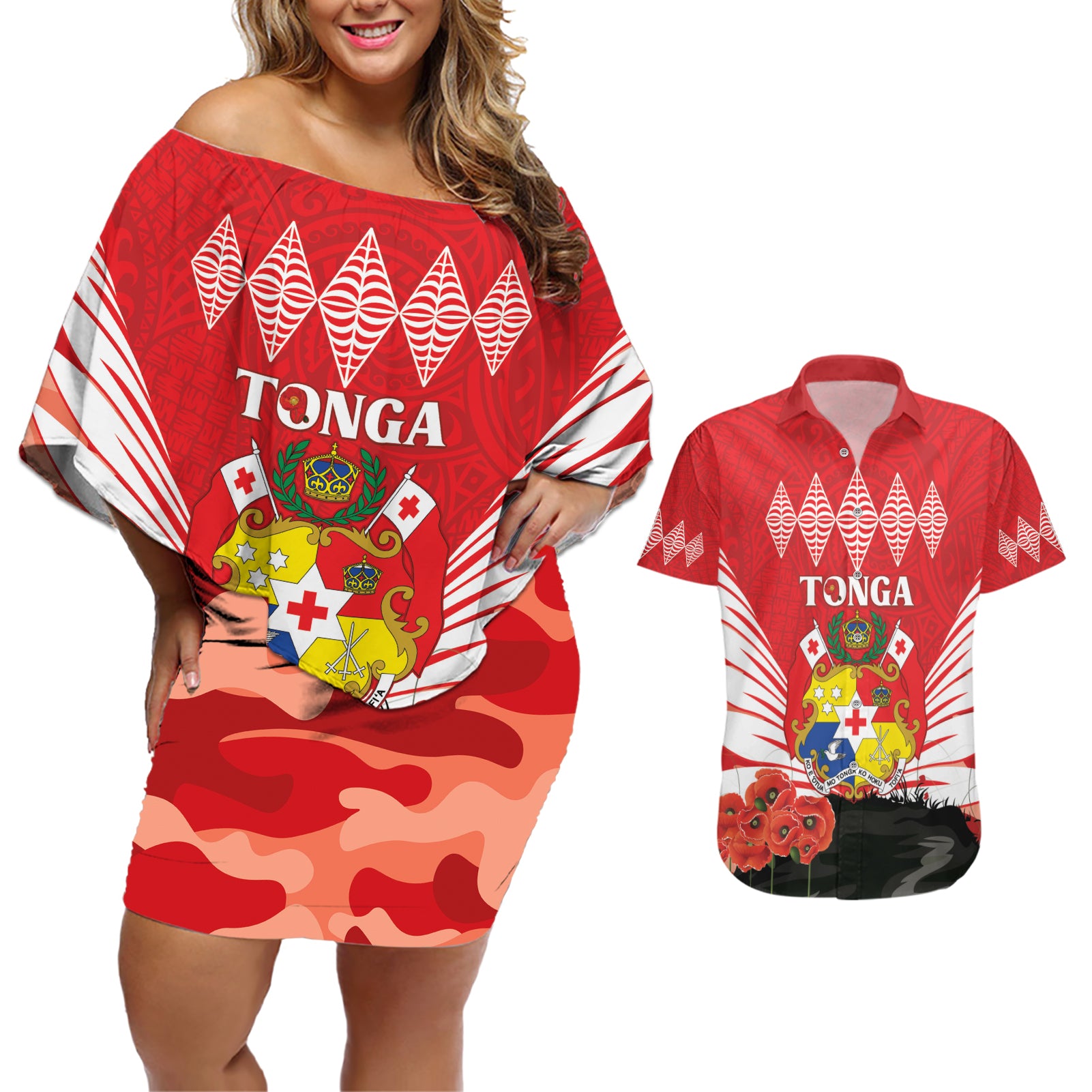 Tonga ANZAC Day Couples Matching Off Shoulder Short Dress and Hawaiian Shirt Camouflage With Poppies Lest We Forget LT14 Red - Polynesian Pride