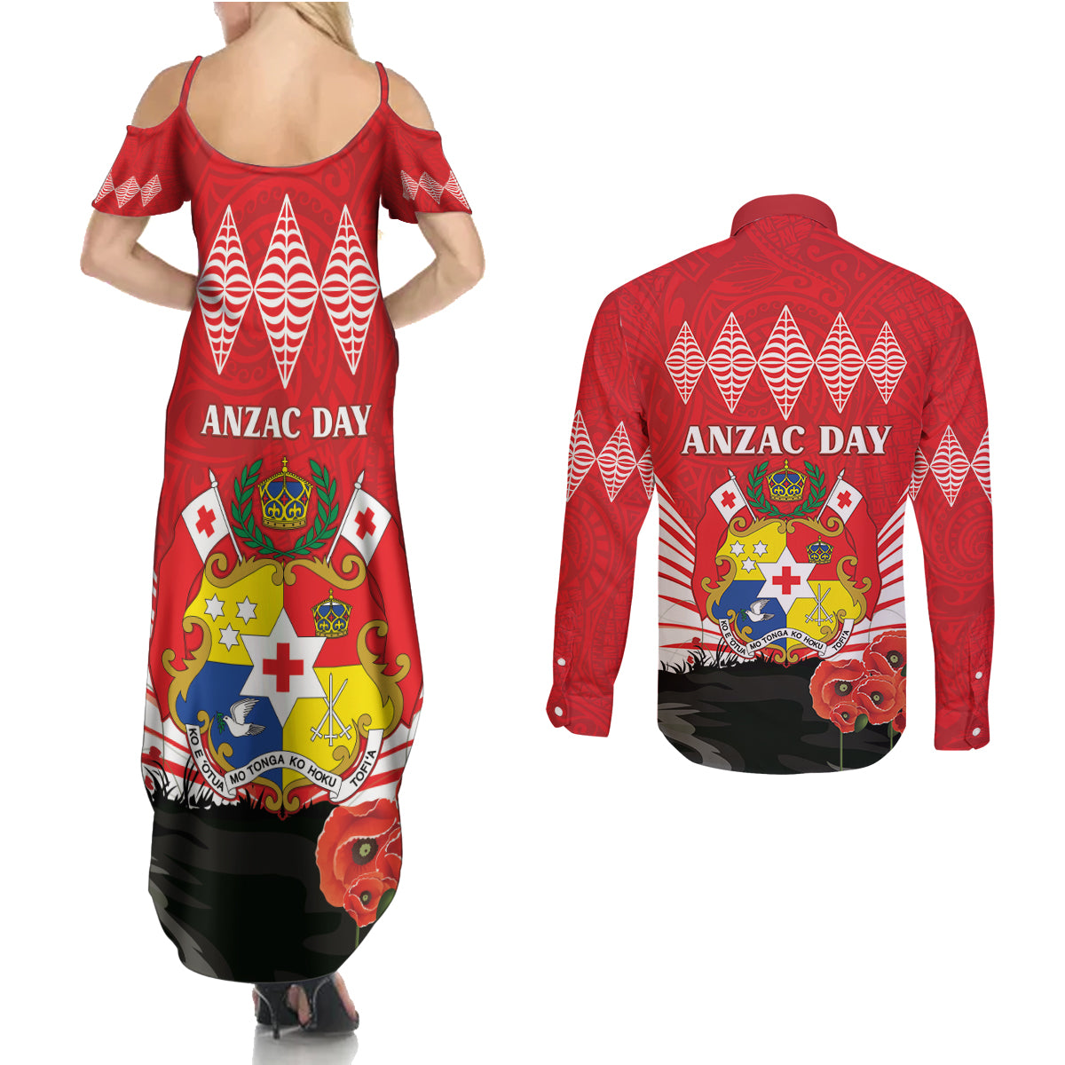 Tonga ANZAC Day Couples Matching Summer Maxi Dress and Long Sleeve Button Shirt Camouflage With Poppies Lest We Forget LT14 - Polynesian Pride