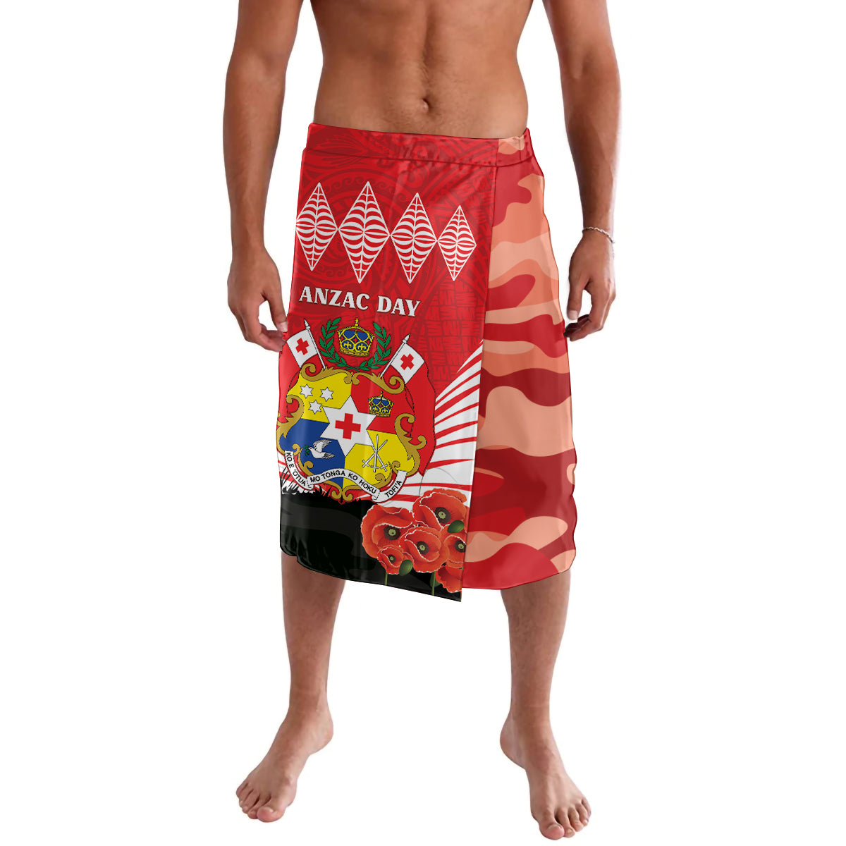 Tonga ANZAC Day Lavalava Camouflage With Poppies Lest We Forget LT14 Red - Polynesian Pride