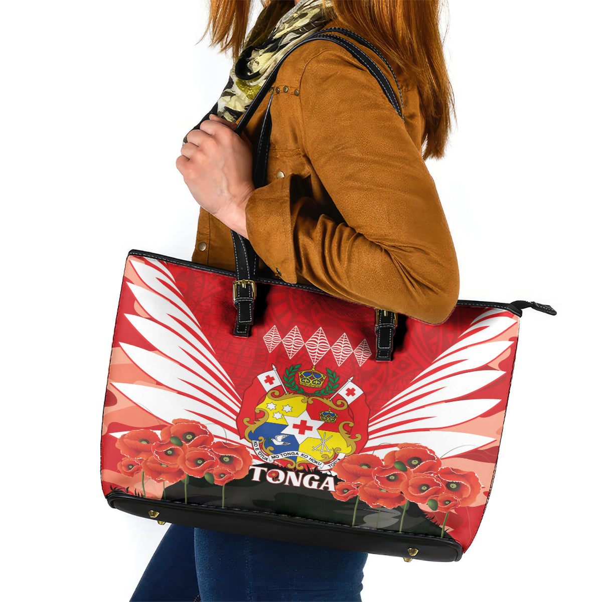 Tonga ANZAC Day Leather Tote Bag Camouflage With Poppies Lest We Forget LT14 Red - Polynesian Pride