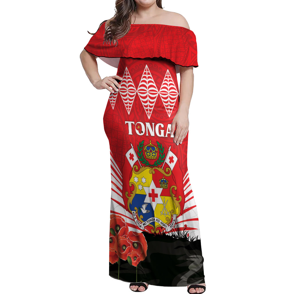 Tonga ANZAC Day Off Shoulder Maxi Dress Camouflage With Poppies Lest We Forget LT14 Women Red - Polynesian Pride