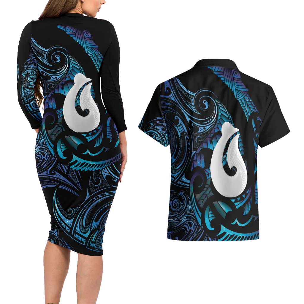 Hei Matau New Zealand Matariki Couples Matching Long Sleeve Bodycon Dress and Hawaiian Shirt NZ Fish Hook Maori Art LT14 - Polynesian Pride