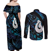 Hei Matau New Zealand Matariki Couples Matching Off Shoulder Maxi Dress and Long Sleeve Button Shirt NZ Fish Hook Maori Art