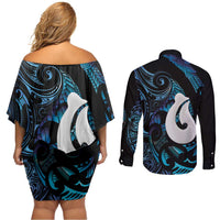 Hei Matau New Zealand Matariki Couples Matching Off Shoulder Short Dress and Long Sleeve Button Shirt NZ Fish Hook Maori Art