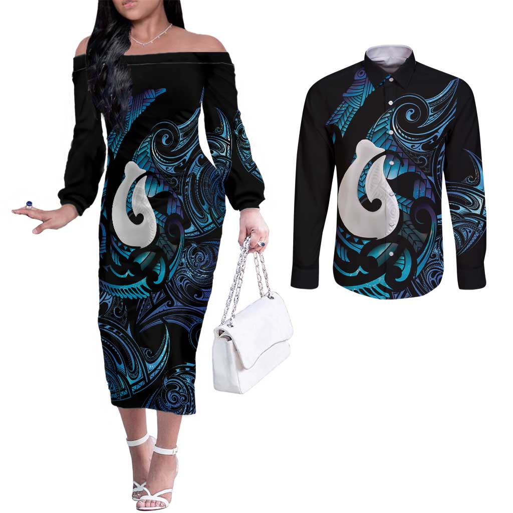 Hei Matau New Zealand Matariki Couples Matching Off The Shoulder Long Sleeve Dress and Long Sleeve Button Shirt NZ Fish Hook Maori Art LT14 Purple - Polynesian Pride