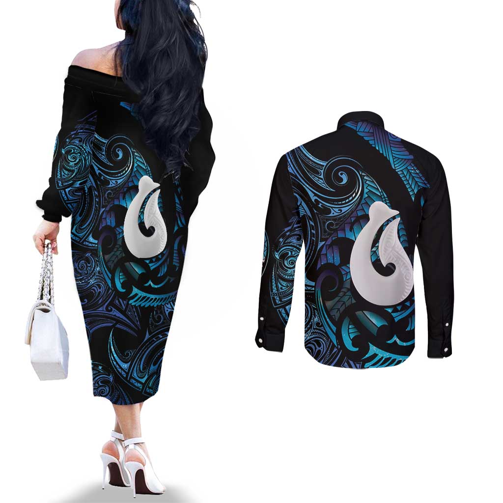 Hei Matau New Zealand Matariki Couples Matching Off The Shoulder Long Sleeve Dress and Long Sleeve Button Shirt NZ Fish Hook Maori Art LT14 - Polynesian Pride