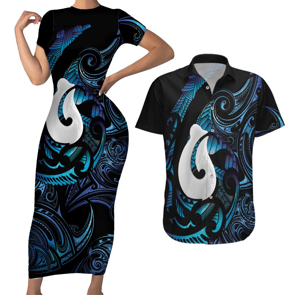 Hei Matau New Zealand Matariki Couples Matching Short Sleeve Bodycon Dress and Hawaiian Shirt NZ Fish Hook Maori Art LT14 Purple - Polynesian Pride
