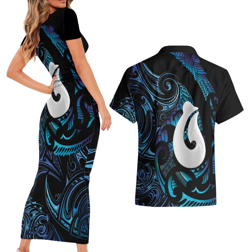 Hei Matau New Zealand Matariki Couples Matching Short Sleeve Bodycon Dress and Hawaiian Shirt NZ Fish Hook Maori Art LT14 - Polynesian Pride