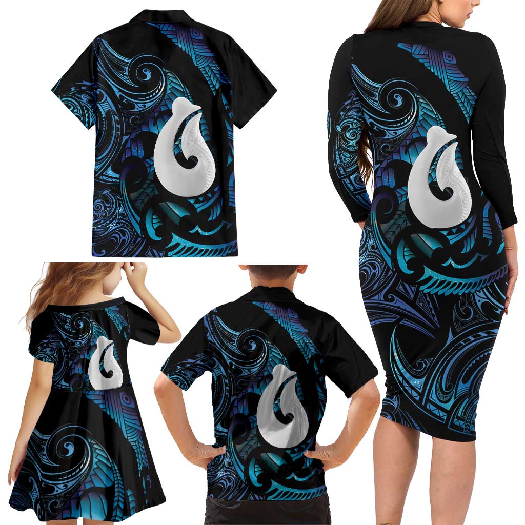 Hei Matau New Zealand Matariki Family Matching Long Sleeve Bodycon Dress and Hawaiian Shirt NZ Fish Hook Maori Art LT14 - Polynesian Pride