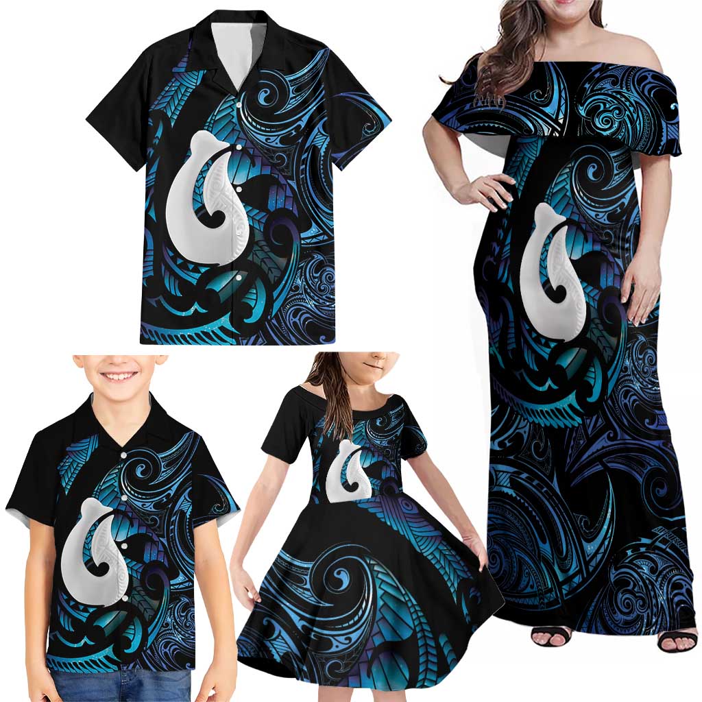 Hei Matau New Zealand Matariki Family Matching Off Shoulder Maxi Dress and Hawaiian Shirt NZ Fish Hook Maori Art LT14 - Polynesian Pride