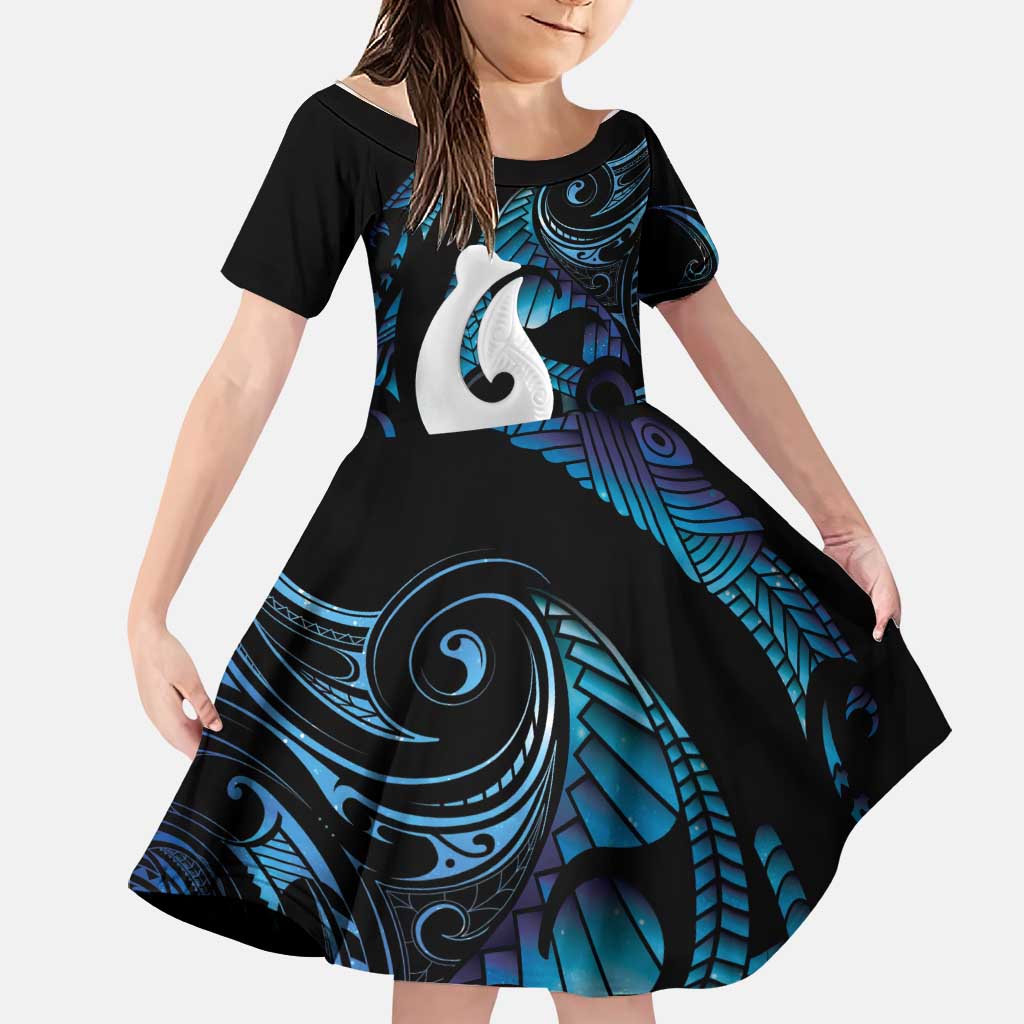 Hei Matau New Zealand Matariki Family Matching Off Shoulder Short Dress and Hawaiian Shirt NZ Fish Hook Maori Art LT14 Daughter's Dress Purple - Polynesian Pride