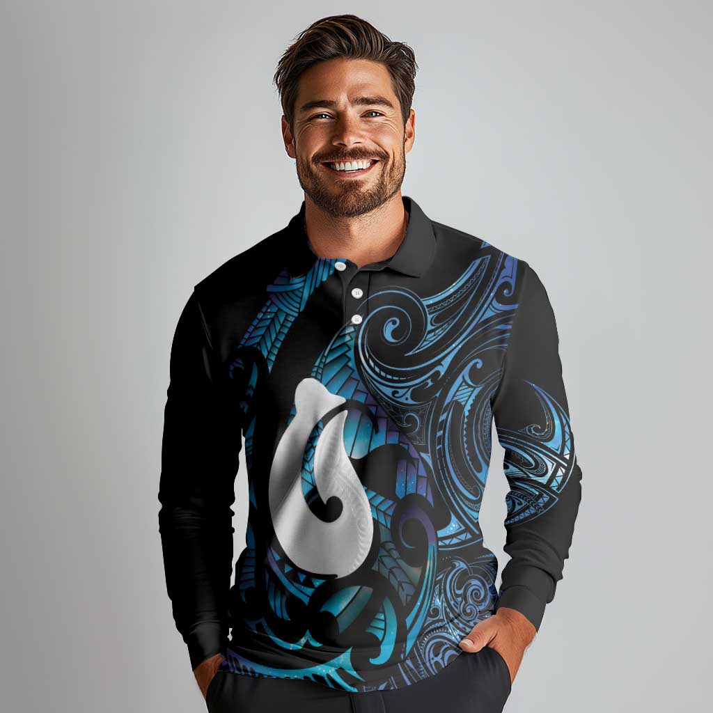 Hei Matau New Zealand Matariki Long Sleeve Polo Shirt NZ Fish Hook Maori Art