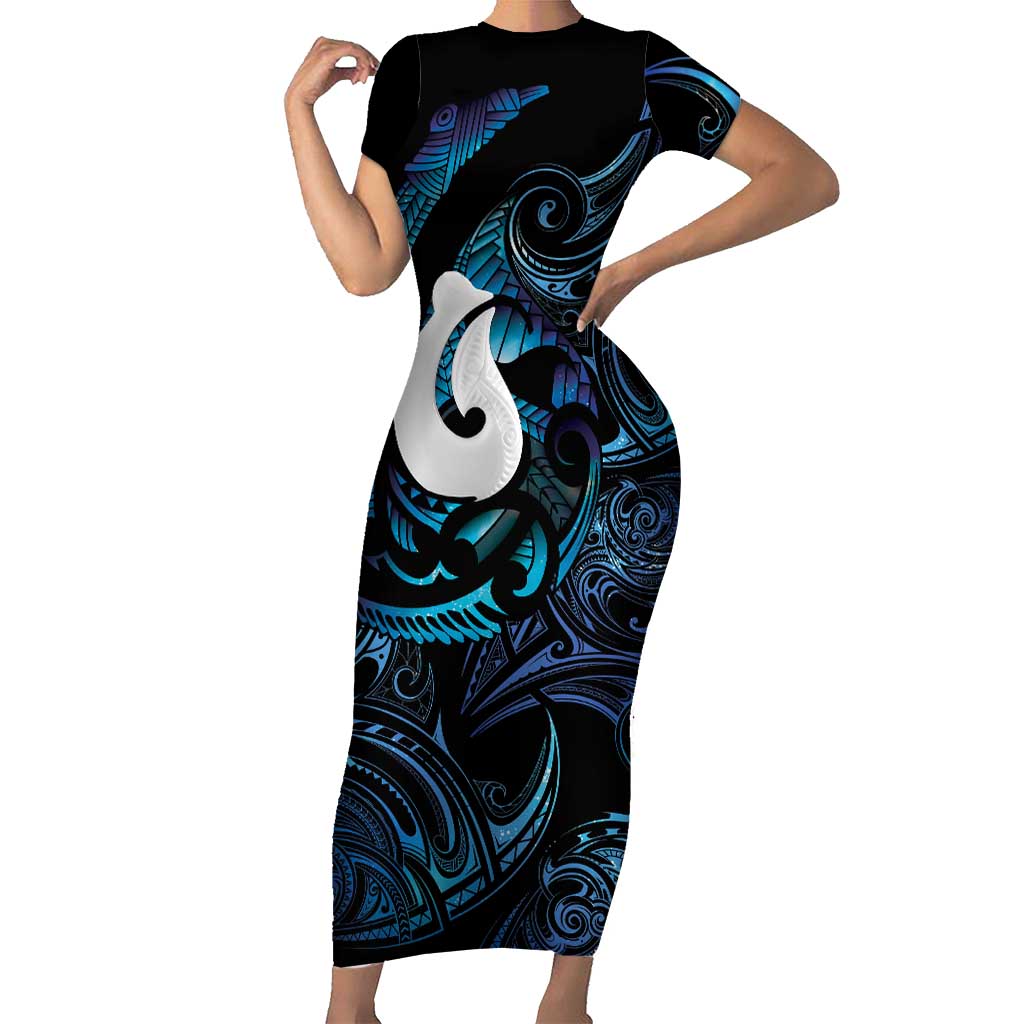 Hei Matau New Zealand Matariki Short Sleeve Bodycon Dress NZ Fish Hook Maori Art