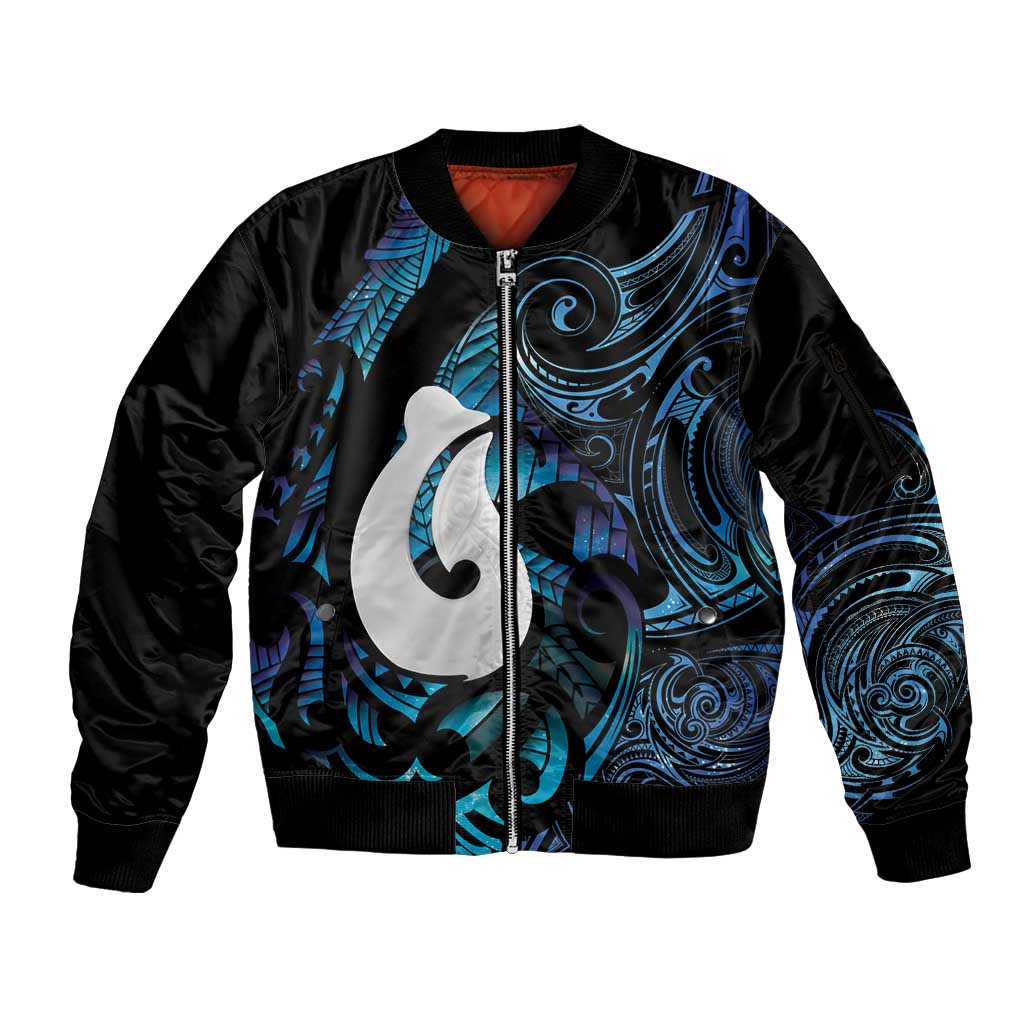 Hei Matau New Zealand Matariki Sleeve Zip Bomber Jacket NZ Fish Hook Maori Art