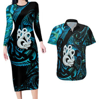 Manaia New Zealand Matariki Couples Matching Long Sleeve Bodycon Dress and Hawaiian Shirt NZ Paua Shell Maori Art LT14 Turquoise - Polynesian Pride