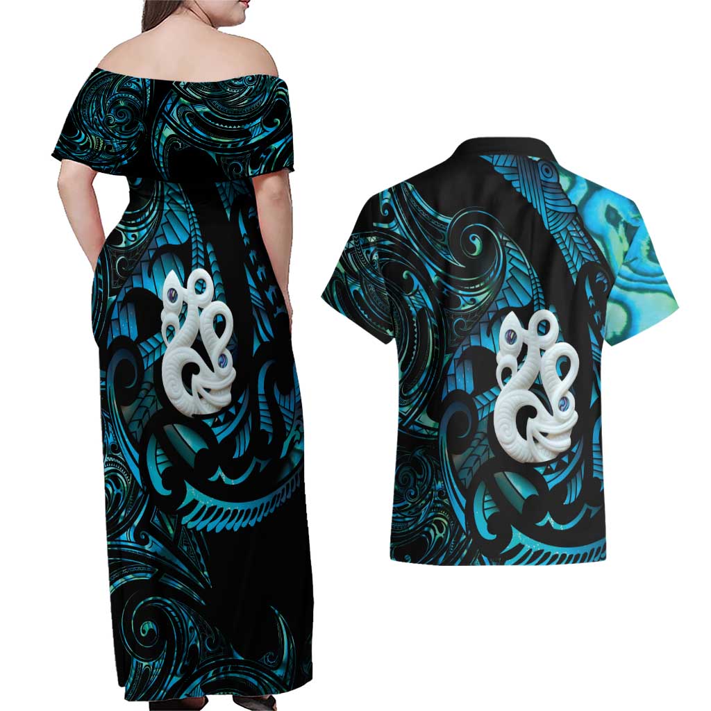 Manaia New Zealand Matariki Couples Matching Off Shoulder Maxi Dress and Hawaiian Shirt NZ Paua Shell Maori Art LT14 - Polynesian Pride