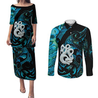 Manaia New Zealand Matariki Couples Matching Puletasi and Long Sleeve Button Shirt NZ Paua Shell Maori Art