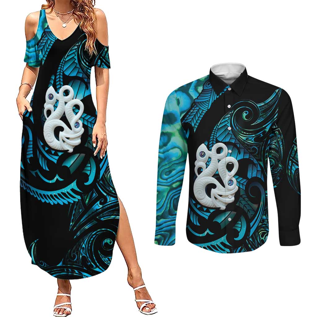 Manaia New Zealand Matariki Couples Matching Summer Maxi Dress and Long Sleeve Button Shirt NZ Paua Shell Maori Art