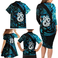 Manaia New Zealand Matariki Family Matching Long Sleeve Bodycon Dress and Hawaiian Shirt NZ Paua Shell Maori Art LT14 - Polynesian Pride