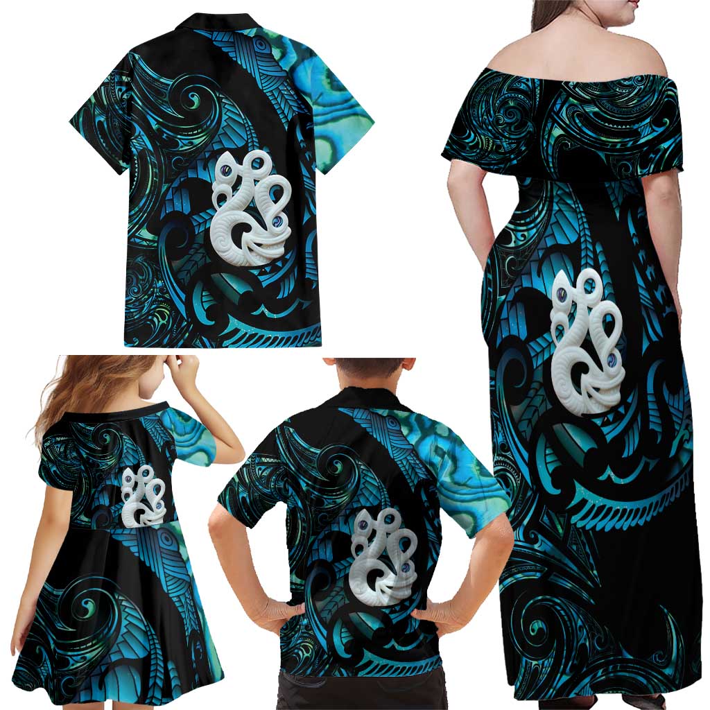 Manaia New Zealand Matariki Family Matching Off Shoulder Maxi Dress and Hawaiian Shirt NZ Paua Shell Maori Art LT14 - Polynesian Pride