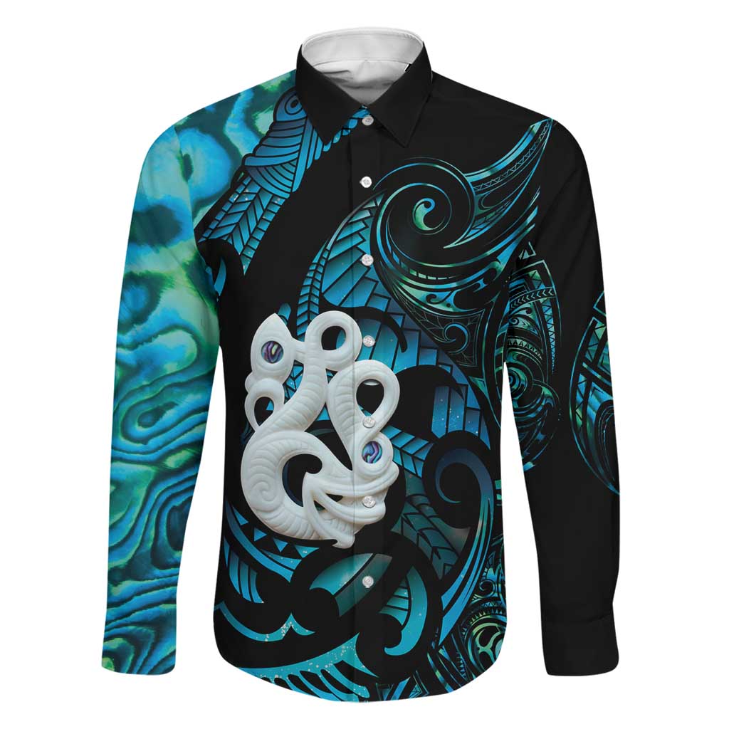 Manaia New Zealand Matariki Family Matching Summer Maxi Dress and Hawaiian Shirt NZ Paua Shell Maori Art LT14 Dad's Shirt - Long Sleeve Turquoise - Polynesian Pride
